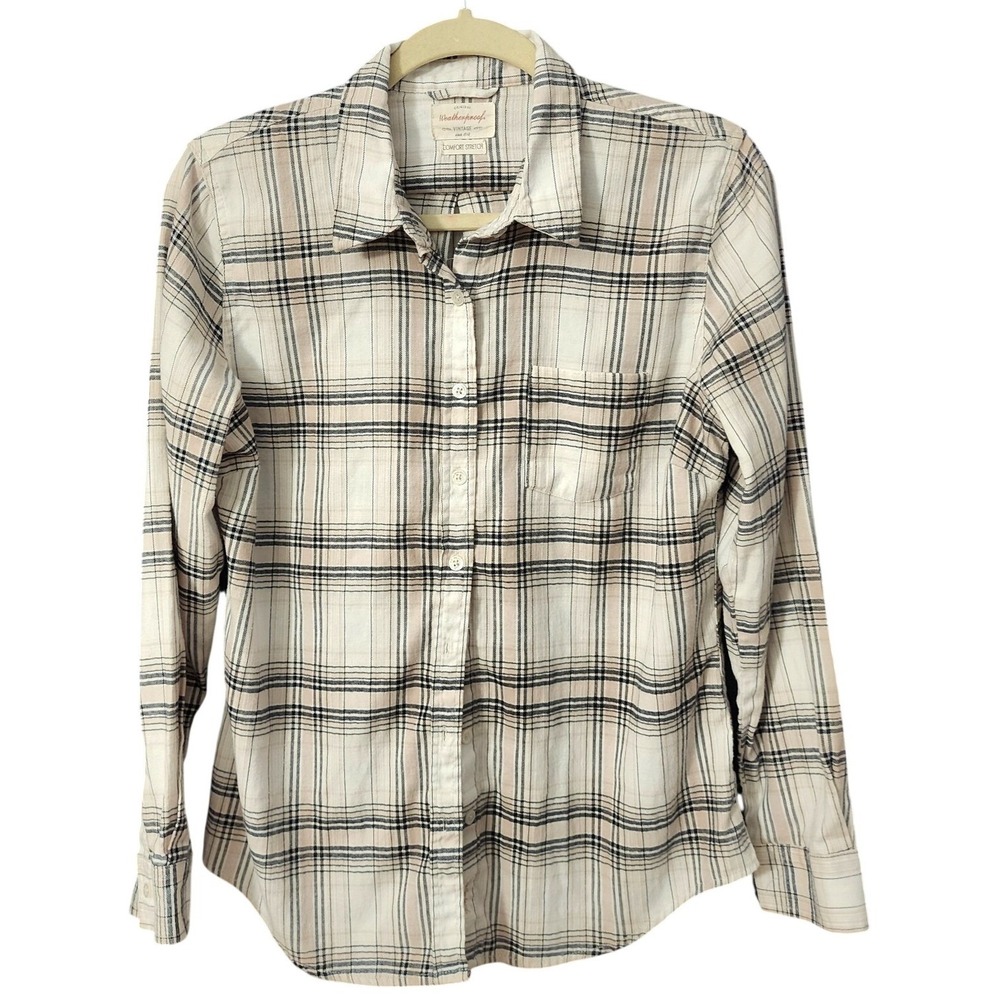 Weatherproof Womens Button Down Shirt Cream Plaid Comfort Stretch, Medium